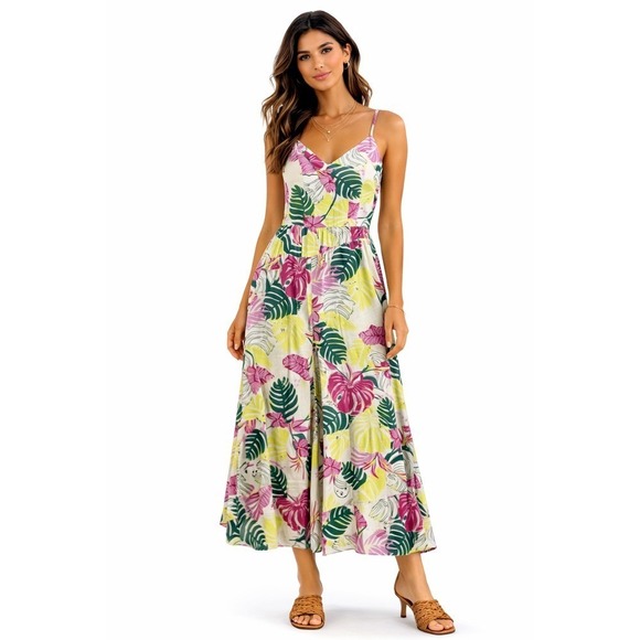 Nicole Miller Linen Blend Tropical Wide Leg Jumpsuit Overalls Women L Yellow New